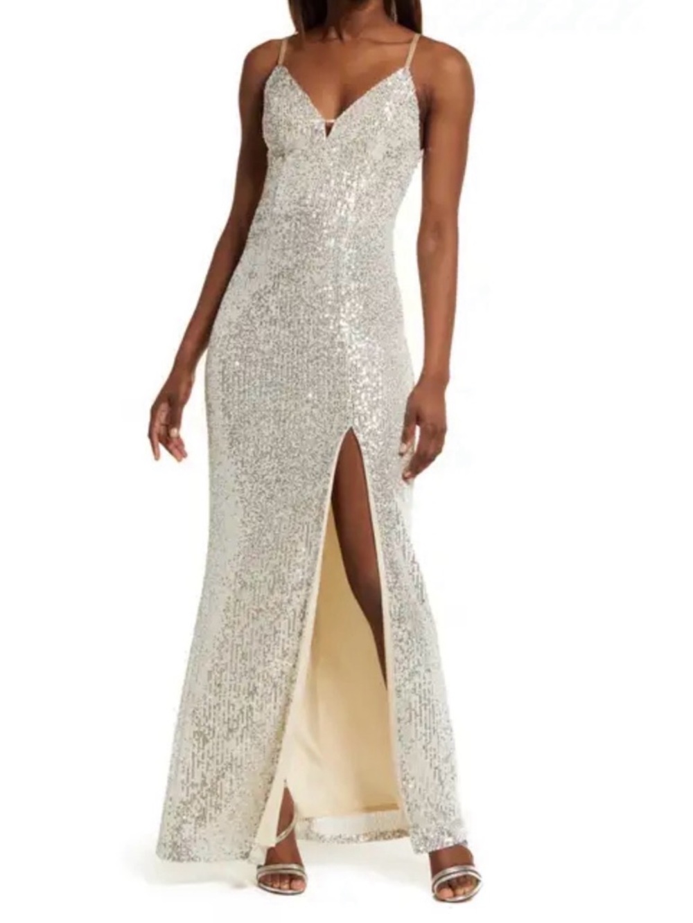 Speechless Sequin Side Slit Gown Size M (Tailored to X/XS) Fitted Ivory/Silver